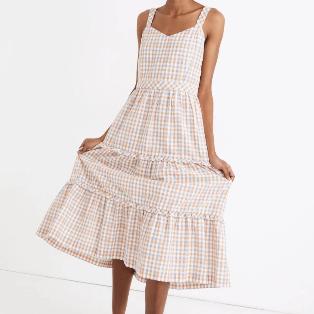 Gingham Sweetheart Ruffle-Tiered Midi Dress